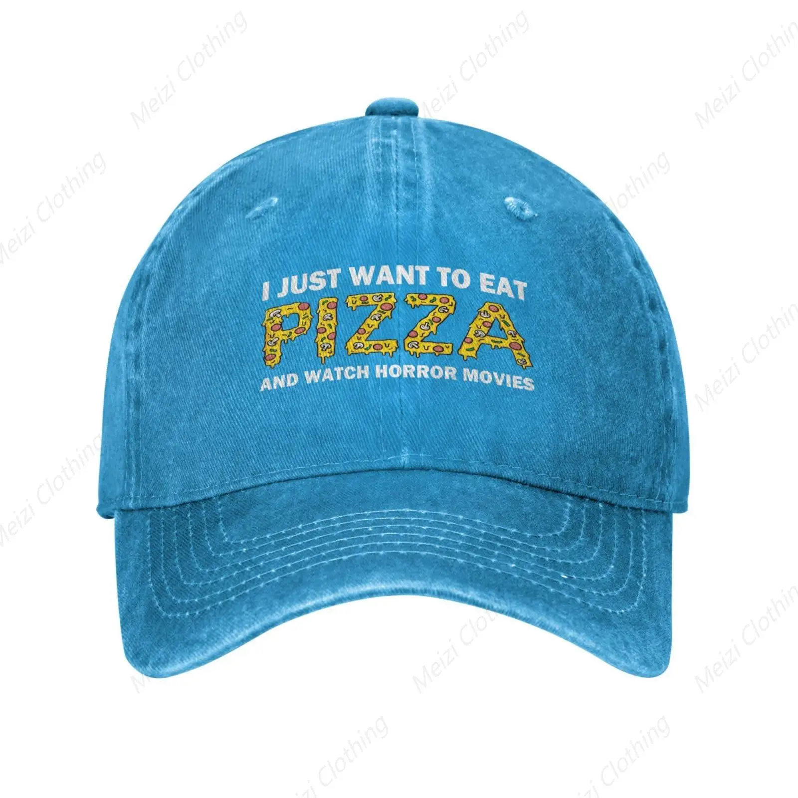 

I Just Want To Eat Pizza Watch Horror Movies Retro Cowboy Hats Outdoor Baseball Caps Funny Gifts, Snap On Dad Truck Hats