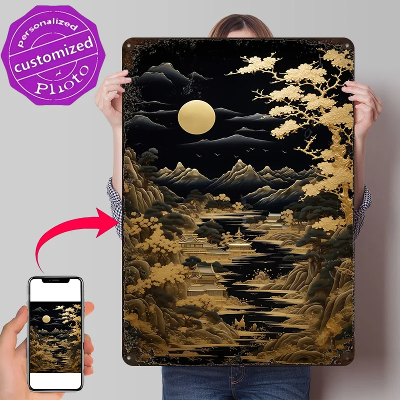 Golden Asian Landscape Under the Moon Personalized 3D Textured Metal Poster Wall Art Tinplate Sign for Vintage Retro Decoration