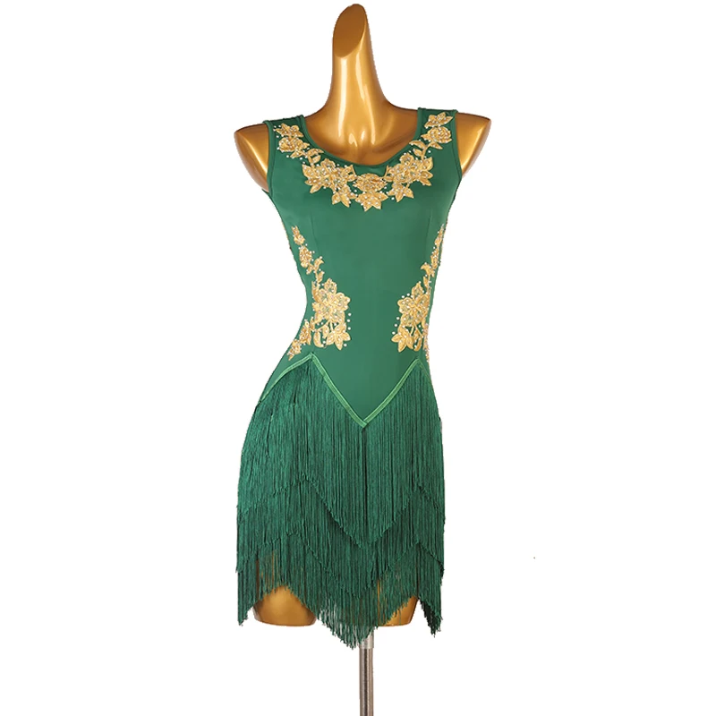 Vestido de baile latino de talla grande con flecos, falda grande de tres pasos para actuación de competición Rumba Cha Cha