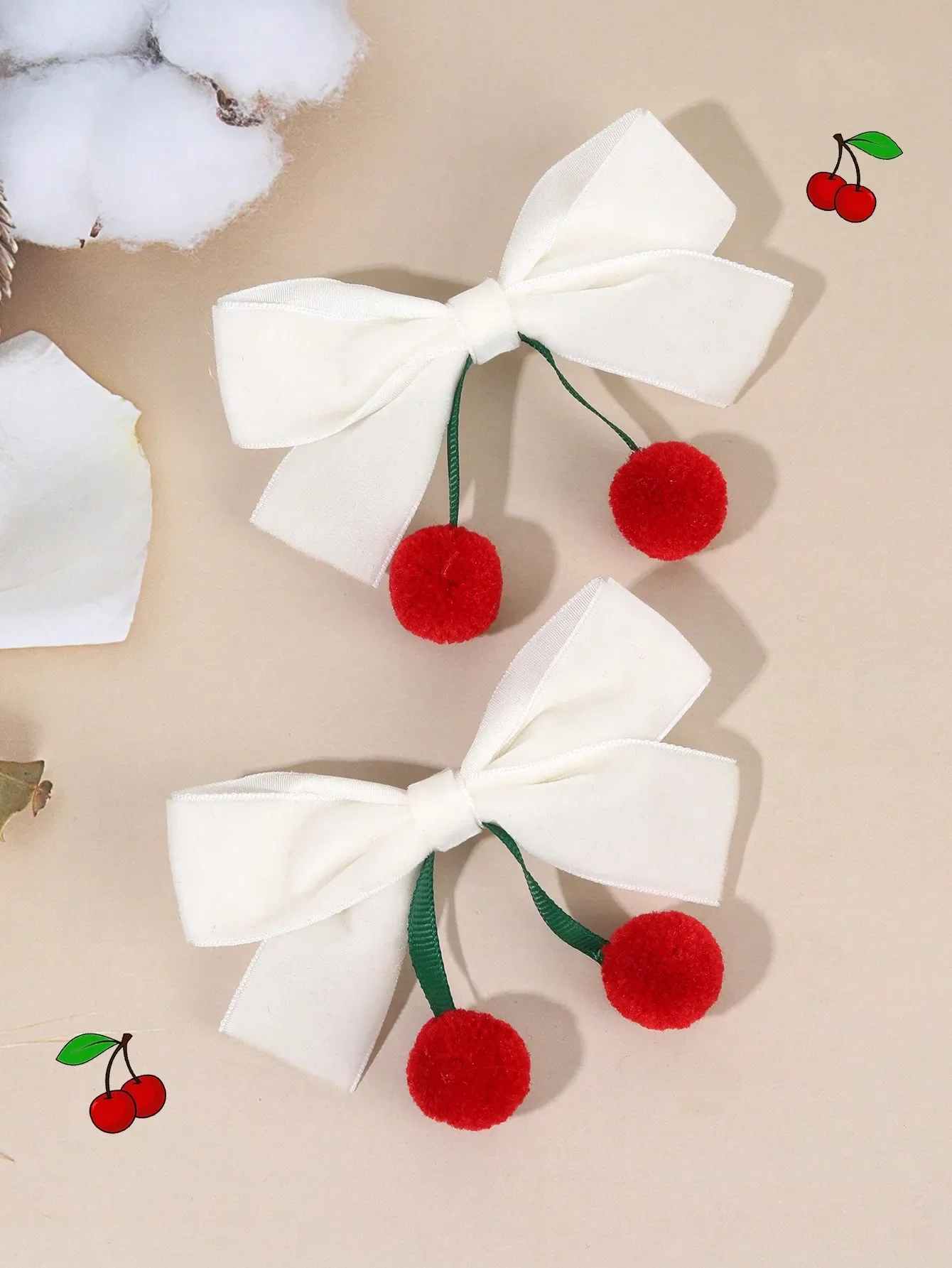 

2pcs Cherry Hair Clips, White Velvet Bow Alligator Clips, Cute Fruit Hair Clips, Girls Pigtail Bow Hair Clips, Adorable Cherry Hair Pins, Teens Hair Accessories
