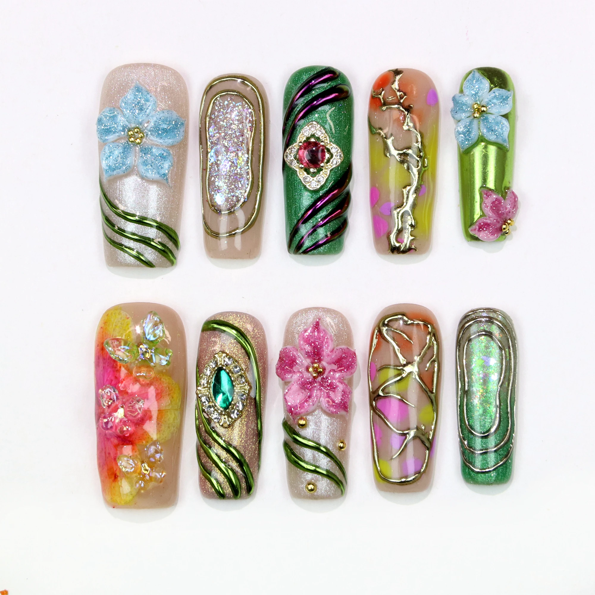 

10Pcs 30mm 3D beautiful handmade Manicure Press On Nails, Acrylic Fake Handpainted Flowers Custom Design Adhesive Nail File Set