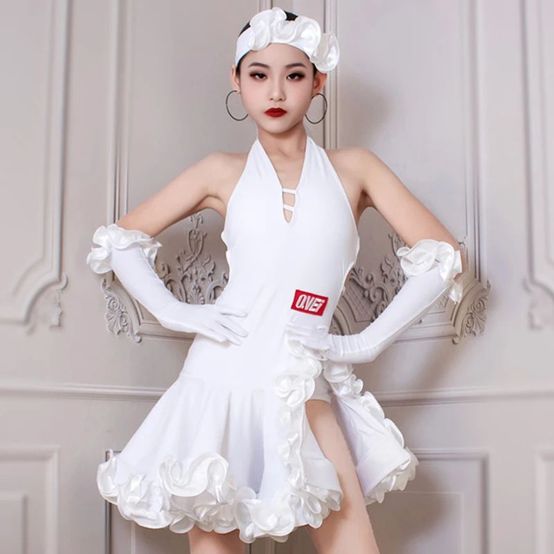 

2024 Girls Latin Dance Competition Dress White Black Performance Costume Kids Dance Clothes Cha Cha Rumba Dance Dress BL12736