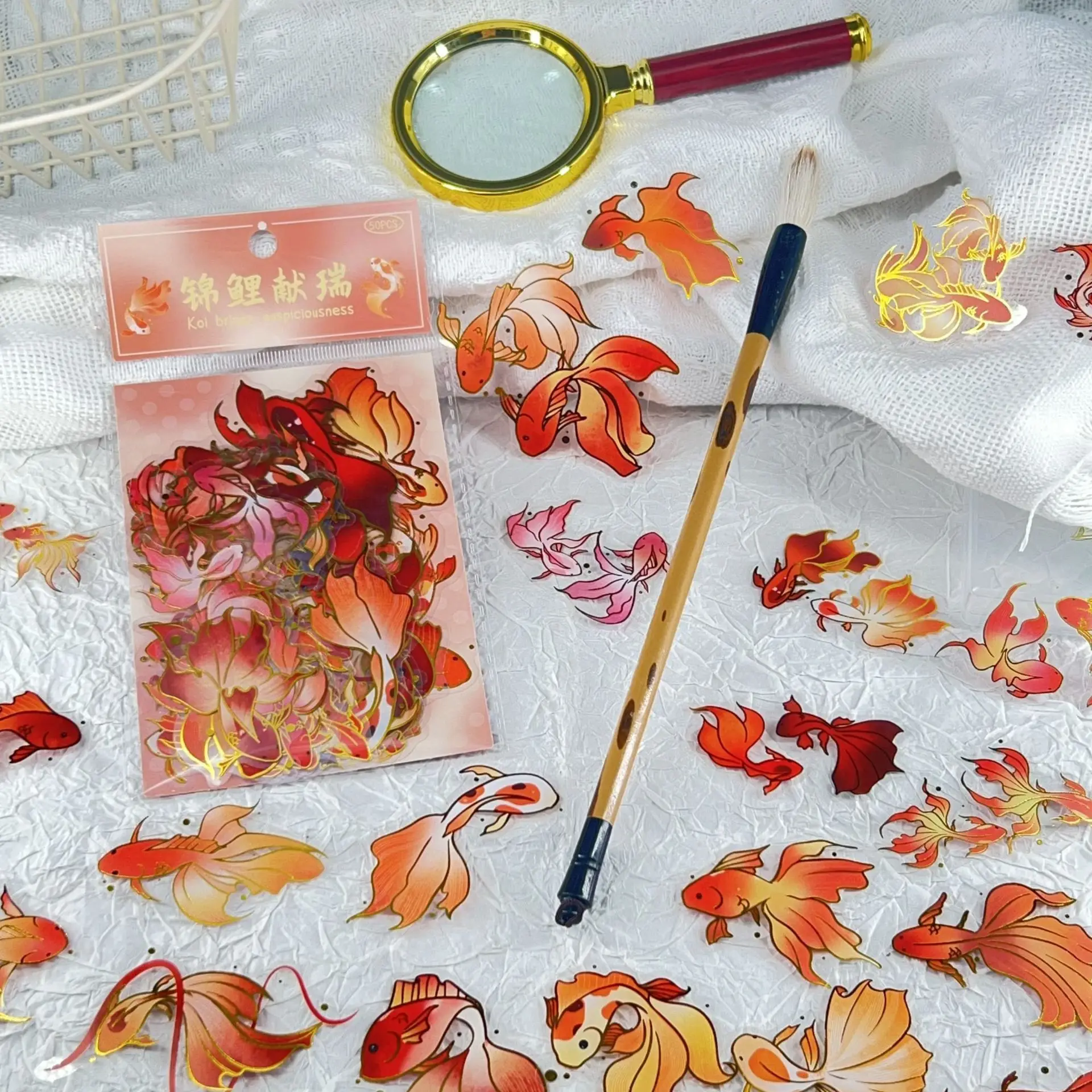 50/100 Pcs Exquisite Cartoon Gold Foil Koi PET Clear Waterproof Stickers for Phone Window Lunch Box Helmet Guitar Piano Laptop