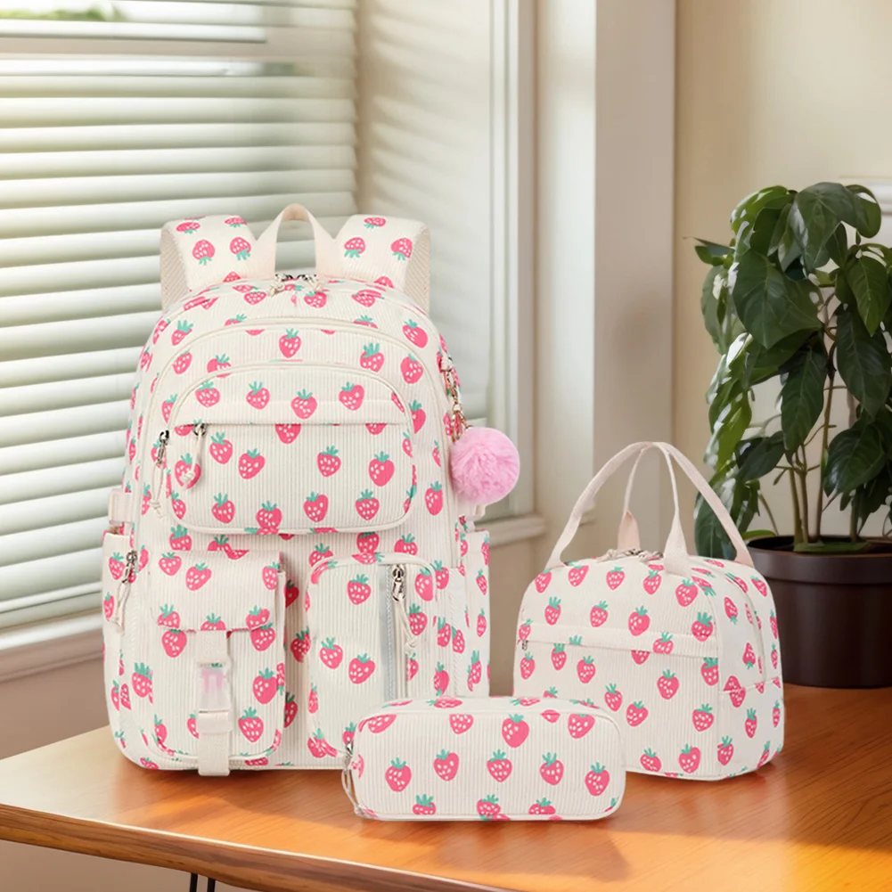 

3-in-1 Corduroy College School Bags Strawberry Cute Girl Backpacks with Lunch Bag & Pencil Case for Teenage Girls School Bookbag