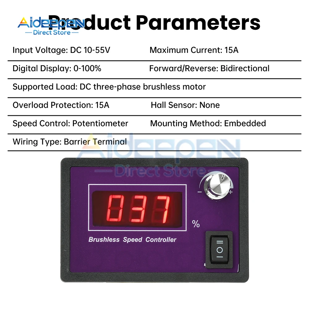 وحدة تحكم في سرعة محرك التيار المستمر PWM DC 10-55V 15A بدون فرش ثلاث مراحل مستشعر القاعة خالية من الأمام عكس للأتمتة الصناعية
