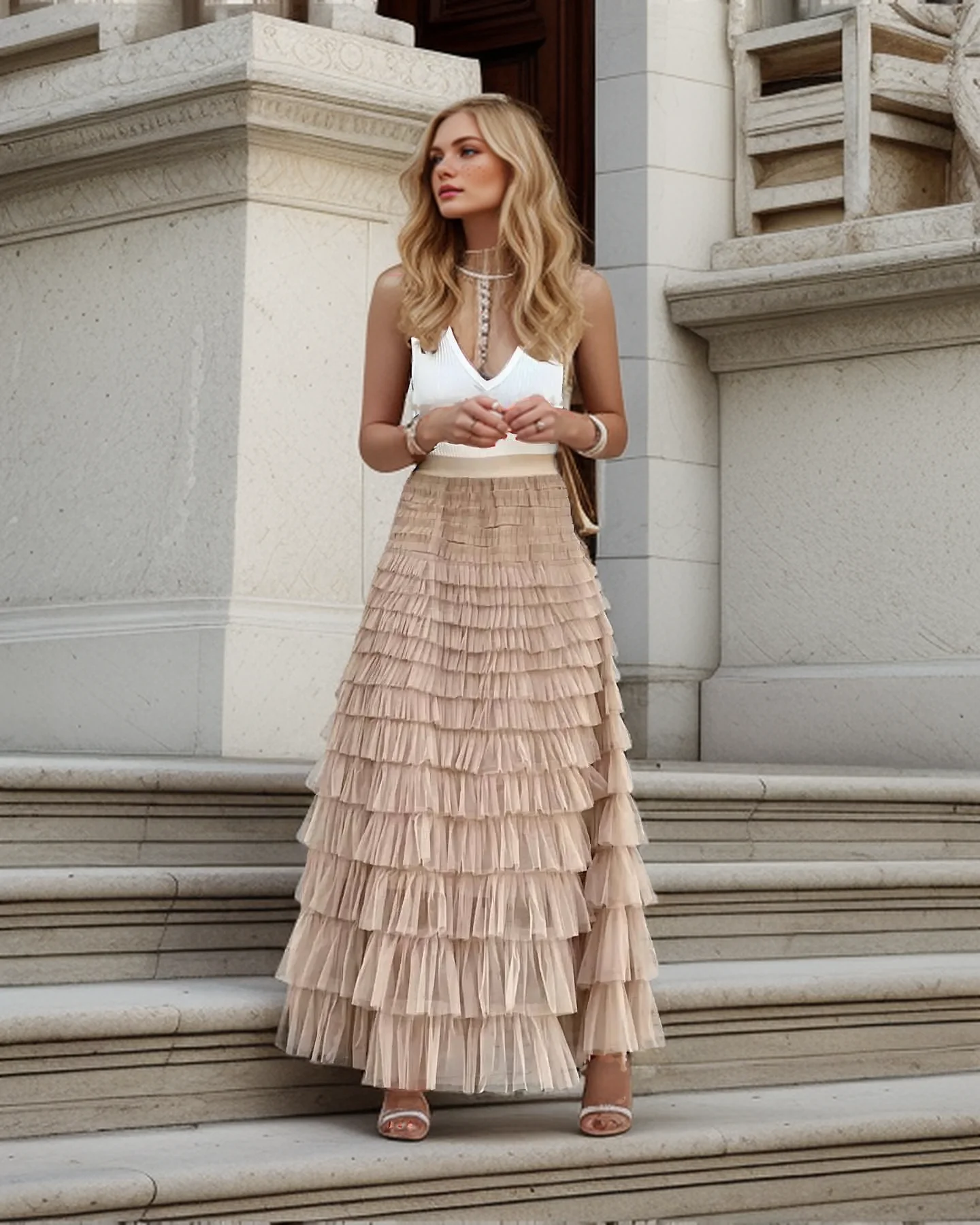 Solid Multilayer Ruffle Mesh Skirt Women Boho High Waist Long Maxi Tulle Skirt Spring Autumn Party Women's Clothing