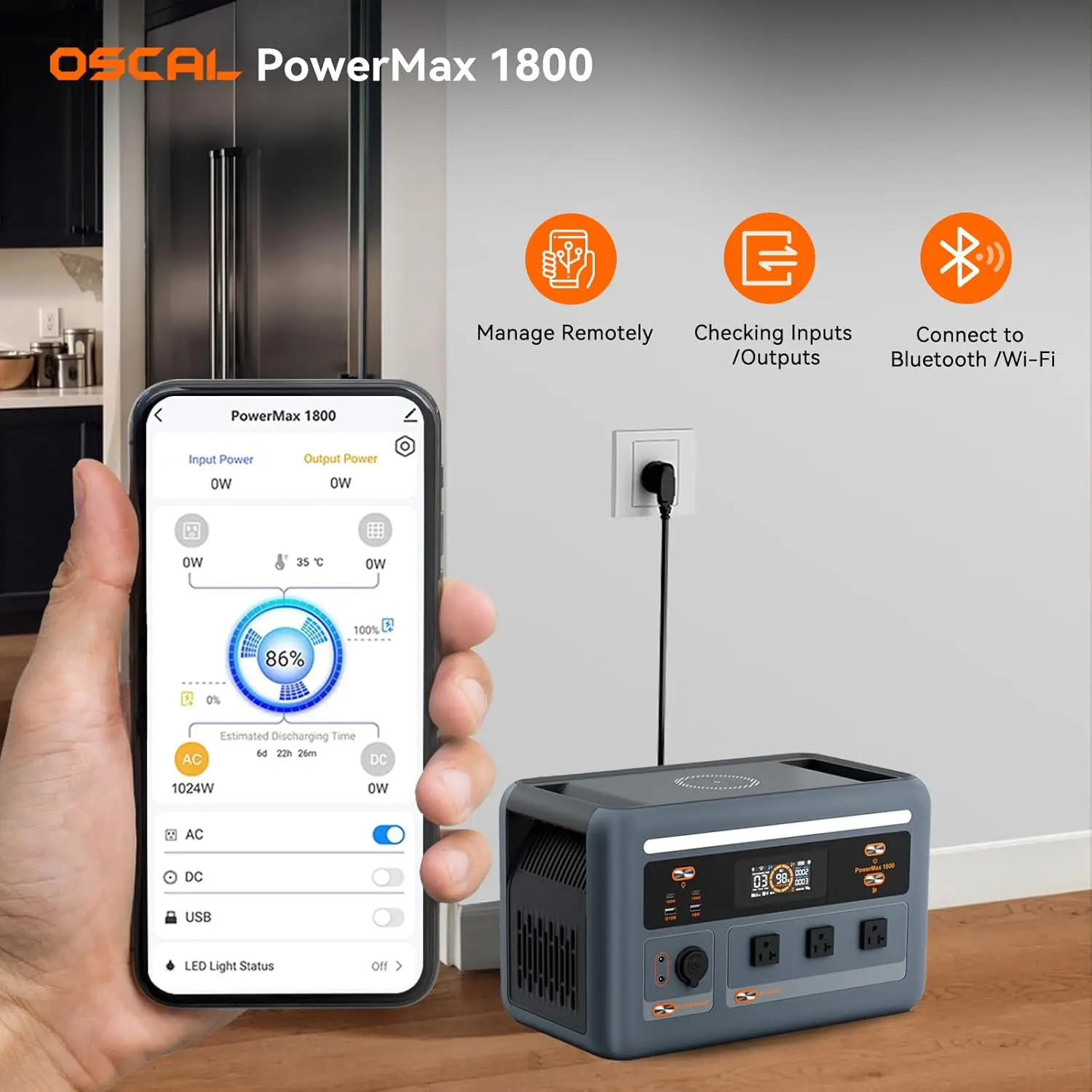 

Солнечный генератор OSCAL PowerMax 1800SE, 1024 Вт·ч, LiFePO4 аккумулятор, 3 розетки переменного тока по 1800 Вт (пиковая мощность 3600 Вт), 800 Вт, индивидуальная комплектация