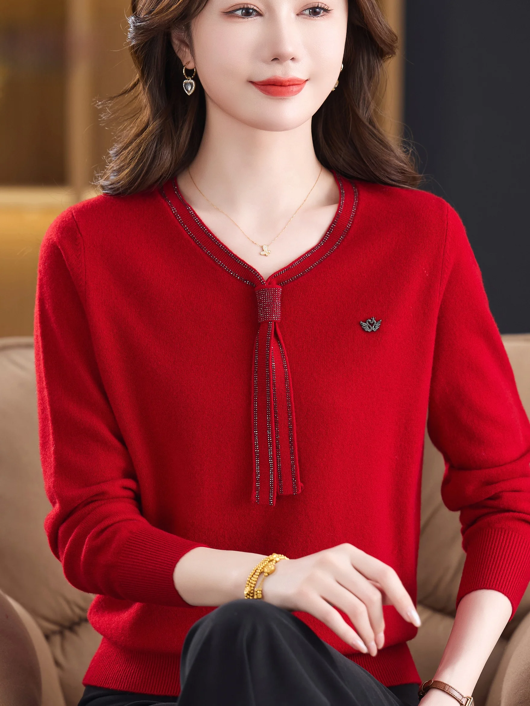 

Autumn Winter New Sle Red V-Ne Tassel Knitted Sweater Women's Mid-Aged Mom Faion Youthful Full Wool Clothing Casual Sle