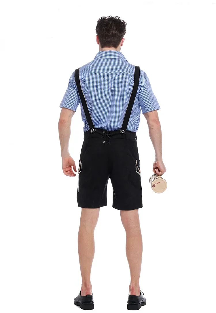 Disfraz de Lederhosen del Oktoberfest alemán para hombre, conjunto de camiseta a cuadros de manga corta con tirantes y pantalones, Festival de cerveza, Cosplay de Halloween