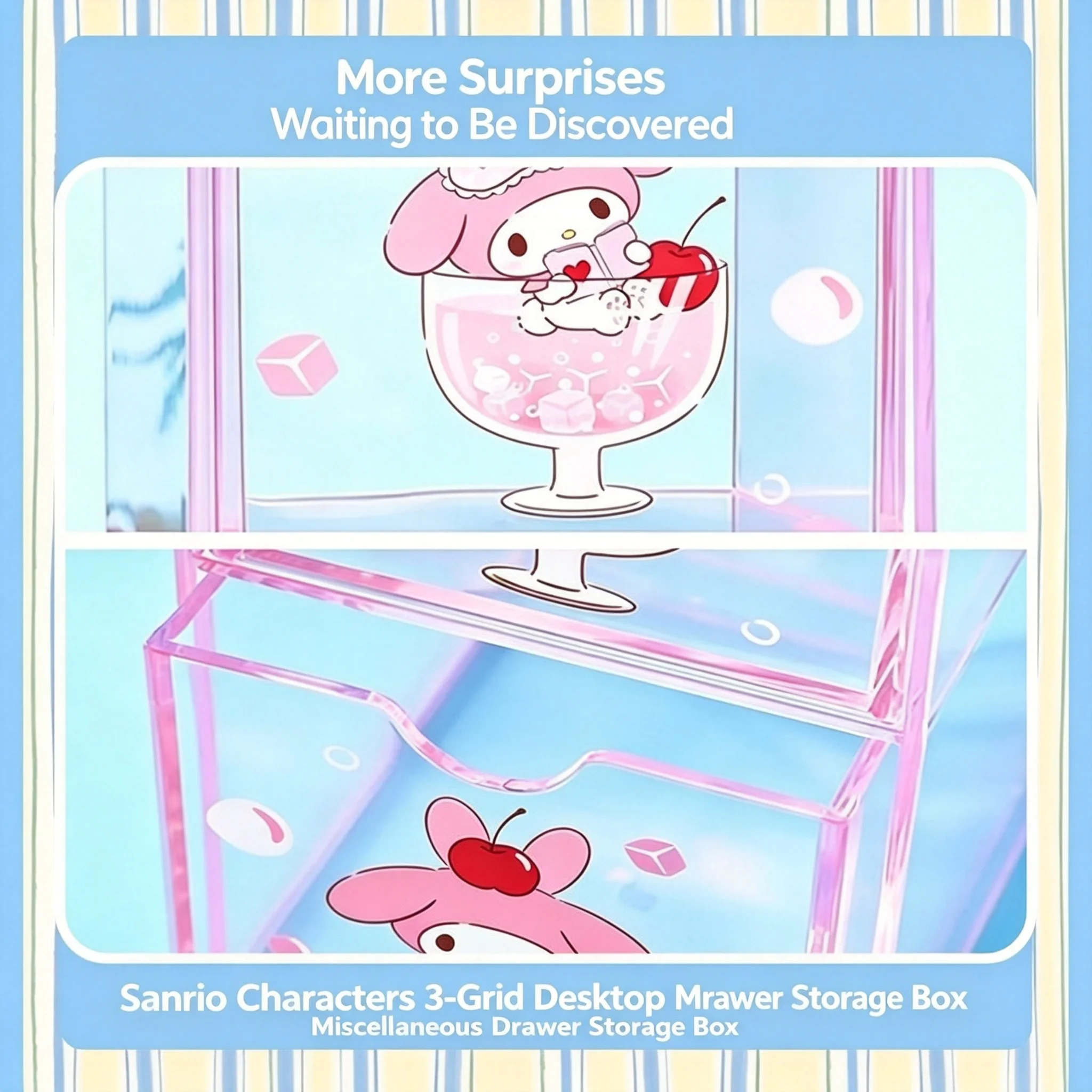 Characters Three Grid Desktop Storage Drawer Box My Melody Kuromi Cinnamoroll Stackable Clear Plastic Organizer