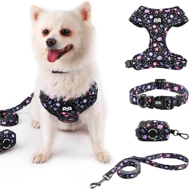 Dog harness collar leash, bracket with poo bag 4 sets, adjustable non-pull soft net cushion back heart, combination