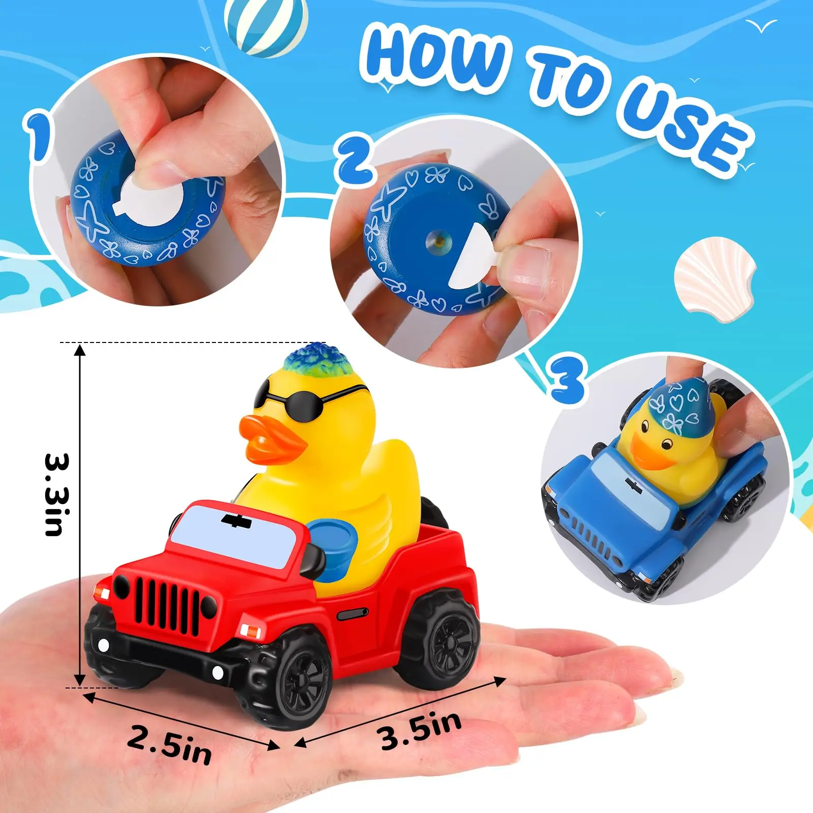 24 szt. letnich gumowych kaczek Jeep Ducks, letnich gumowych kaczek plażowych, 3,5-calowych kaczek Jeep Ducks do duckingu, jeepów dla 2-calowych kaczek, 12 Su