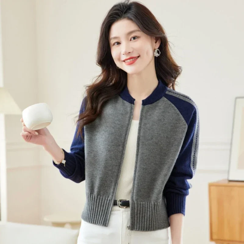 Women's Knitted Bomber Jackets Loose Round Neck Female Baseball Aviator Coats Color Matching Luxury Deals Offer Long Sleeve Sale