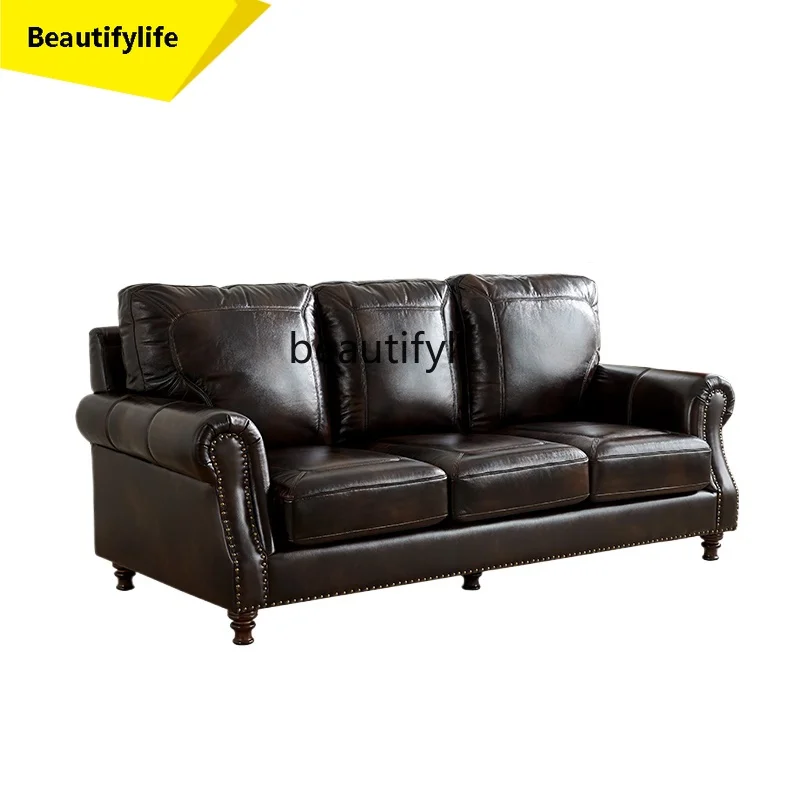 

A38 American Retro Solid-Wood Leather Sofa Living Room First Layer Cowhide Furniture Three-Seat Straight Row Combination
