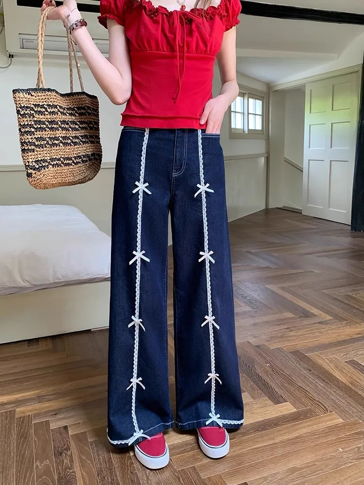 

Women's Dark Blue Bow Lace Spliced ​​Jeans 90s Y2k New American Street Fashion High Waist Loose Straight Jeans 2000s Clothing