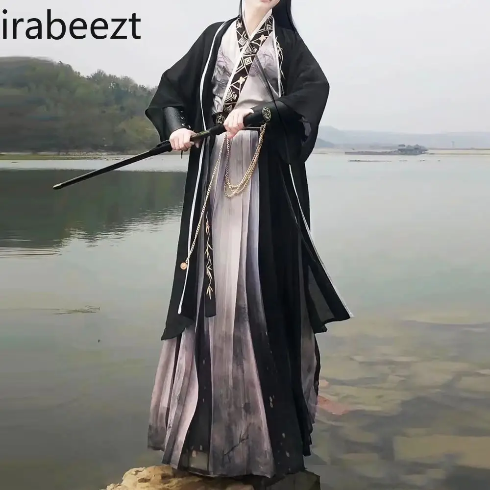 Dinastia Song-pintura a tinta hanfu para homens e mulheres, comprimento da cintura, roupa diária, traje juvenil, vestido, estilo chinês