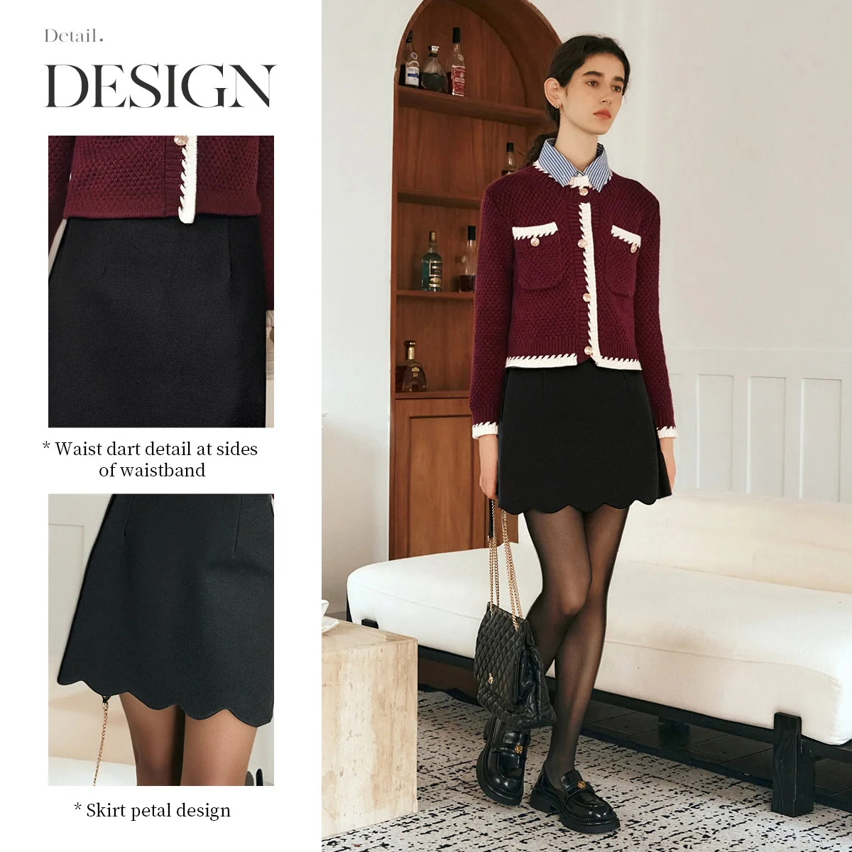 OLrain Women's Black A-Line Mini Skirt  Autumn 2026 Petal Hem Straight Office Commuter Style Elegant Bodycon Skirt O57DB001858