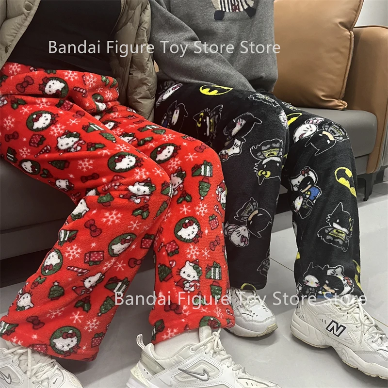 Sanrio hellokitty periférico batman pijama outono calças dos desenhos animados senhoras quente casual pelúcia natal flanela calças roupas y2k presente