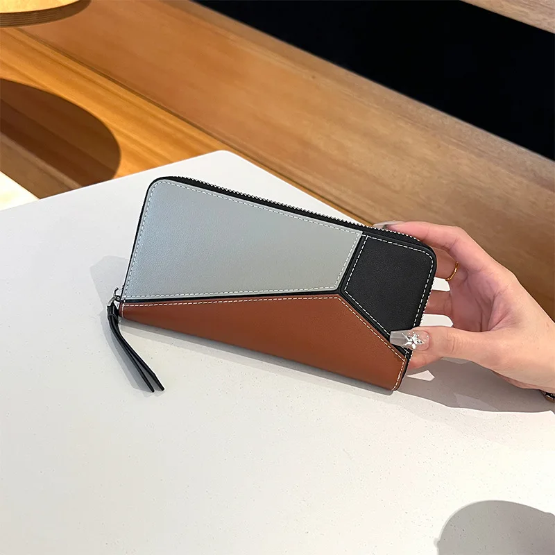 2025 New Genuine Leather Women's Long Wallet with Contrast-Color Design, Spacious Zip Closure Clutch Purse