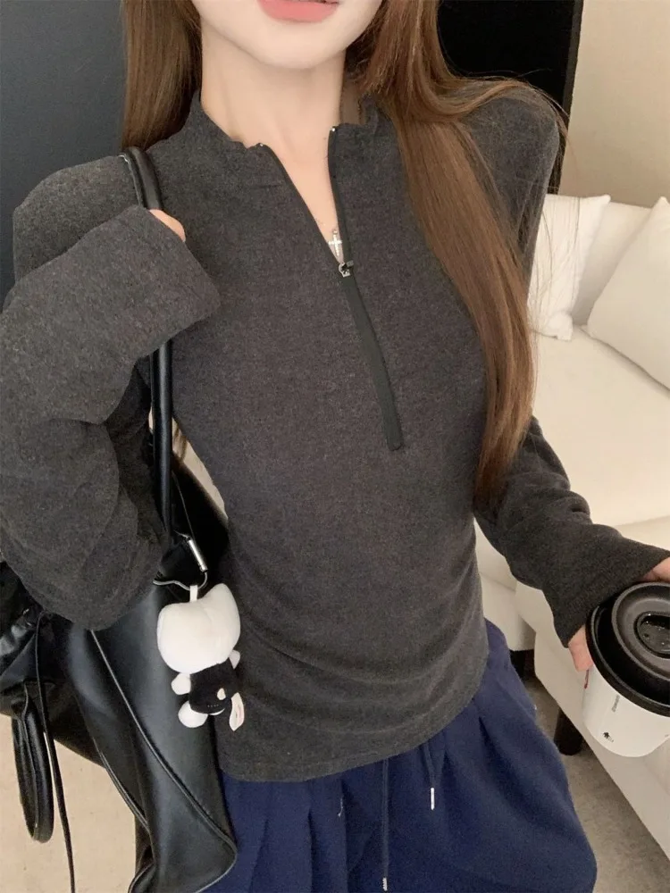 New Autumn Winter Chic Warm Pullovers Women Elegant Slim Fit Half Turtleneck Zipper Base Tops Harajuku Casual Outerwear Clothing