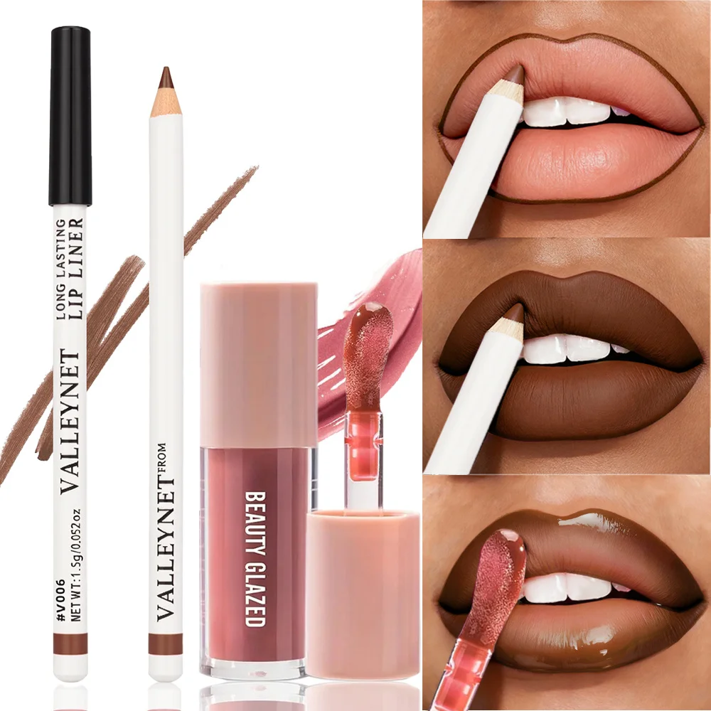 Óleo labial nude 2 tamanhos, delineador + óleo labial fosco, batom de veludo de longa duração, à prova d'água, conjunto de combinação de maquiagem, cosméticos