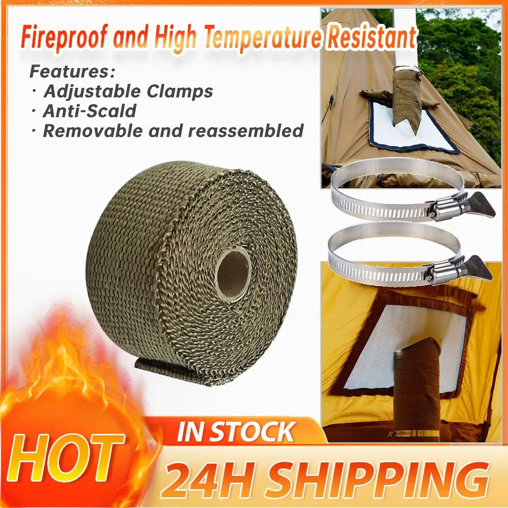 Camping Tent Stovepipe Chimney Fireproof Ribbon Adjustable Anti-Scald Chimney Protector with 2 Clamps Stove Flue Protector Belts