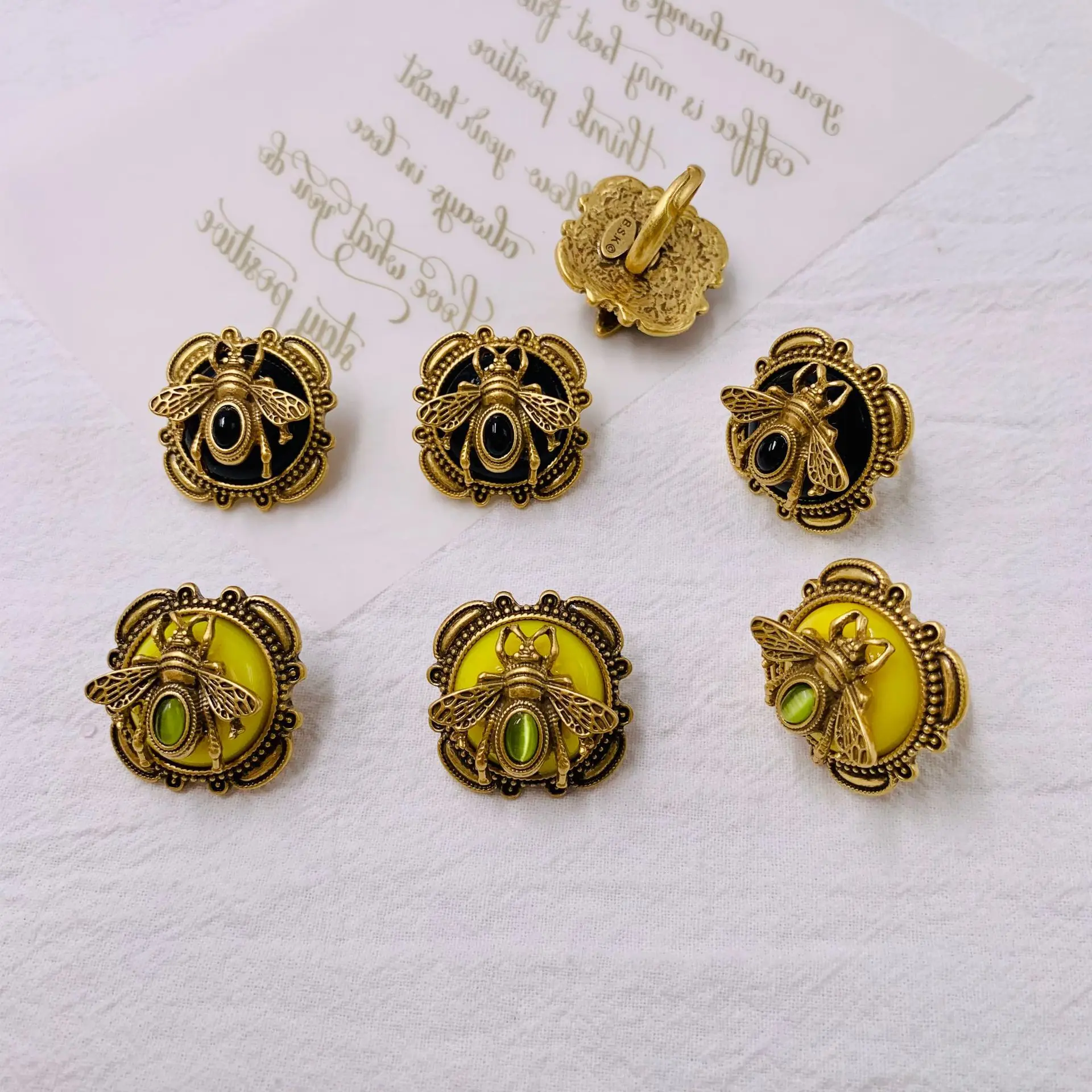 Mid-Ancient Vintage Western Retro Real Gold Plated Old Gold 925 Silver Needle Bee Rings Ear Studs Suit