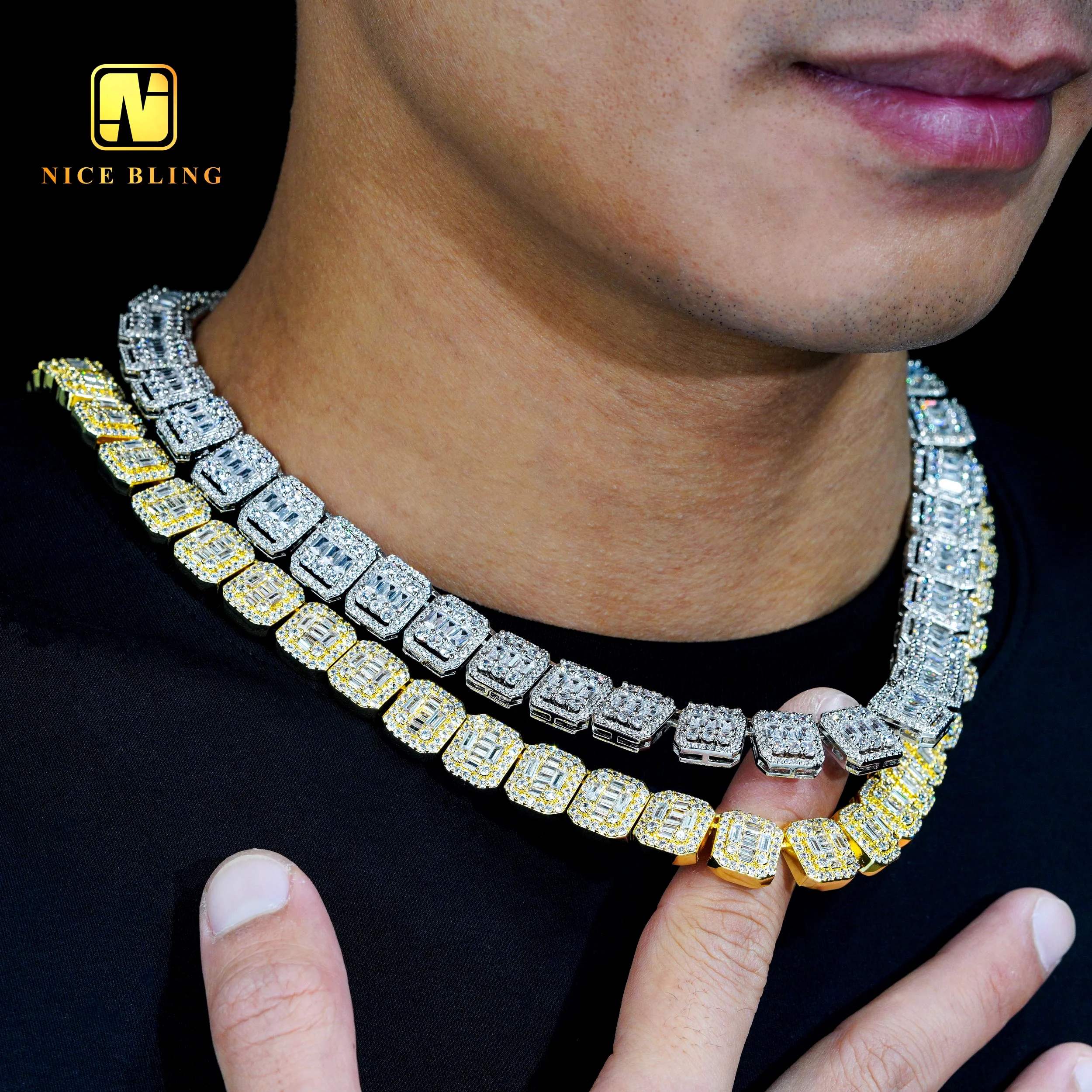18k Price Cheap Gold Plated Necklace Hip Hop Brass Jewelry 13mm baguette Moissanite Diamond Men Cuban Necklace and Bracelet..