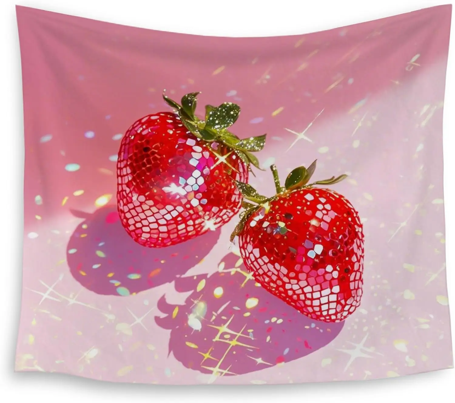 Disco Strawberry Tapestry - Pink Glitter Wall Art, Cute Fruit Decor, Bedroom Dorm Room, Multiple Sizes