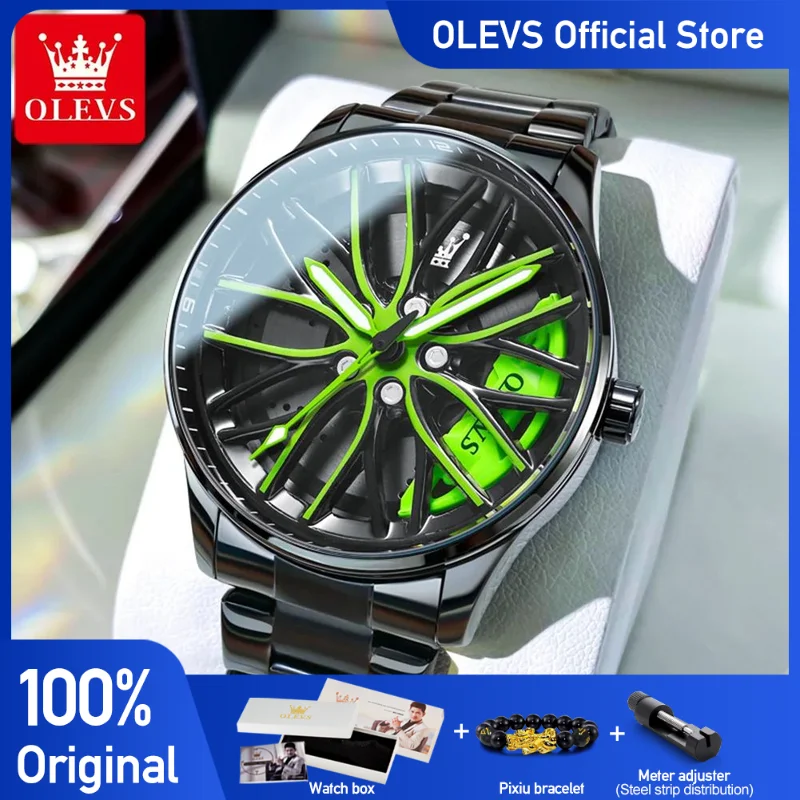 OLEVS Men Watches Rotatable Wheel Hub Dial Fashion Trend Original Quartz Wristwatch Waterproof Stainless Steel Luminous No.9937