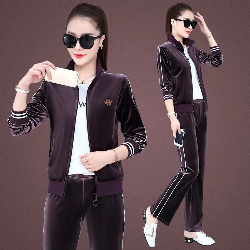 

3pcs Velvet Spring Tracksuit Women Sport Suit Long Sleeve Jacket+Sweater+shirt+pant Running Jogging Outfits Casual Workout Set