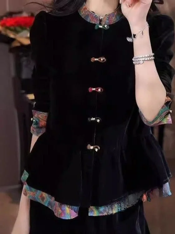 

Новый китайский вельветовый кардиган с длинными рукавами на пуговицах для женщин, с воротником-стойкой, вышивкой, модный, для повседневной носки, весна-осень