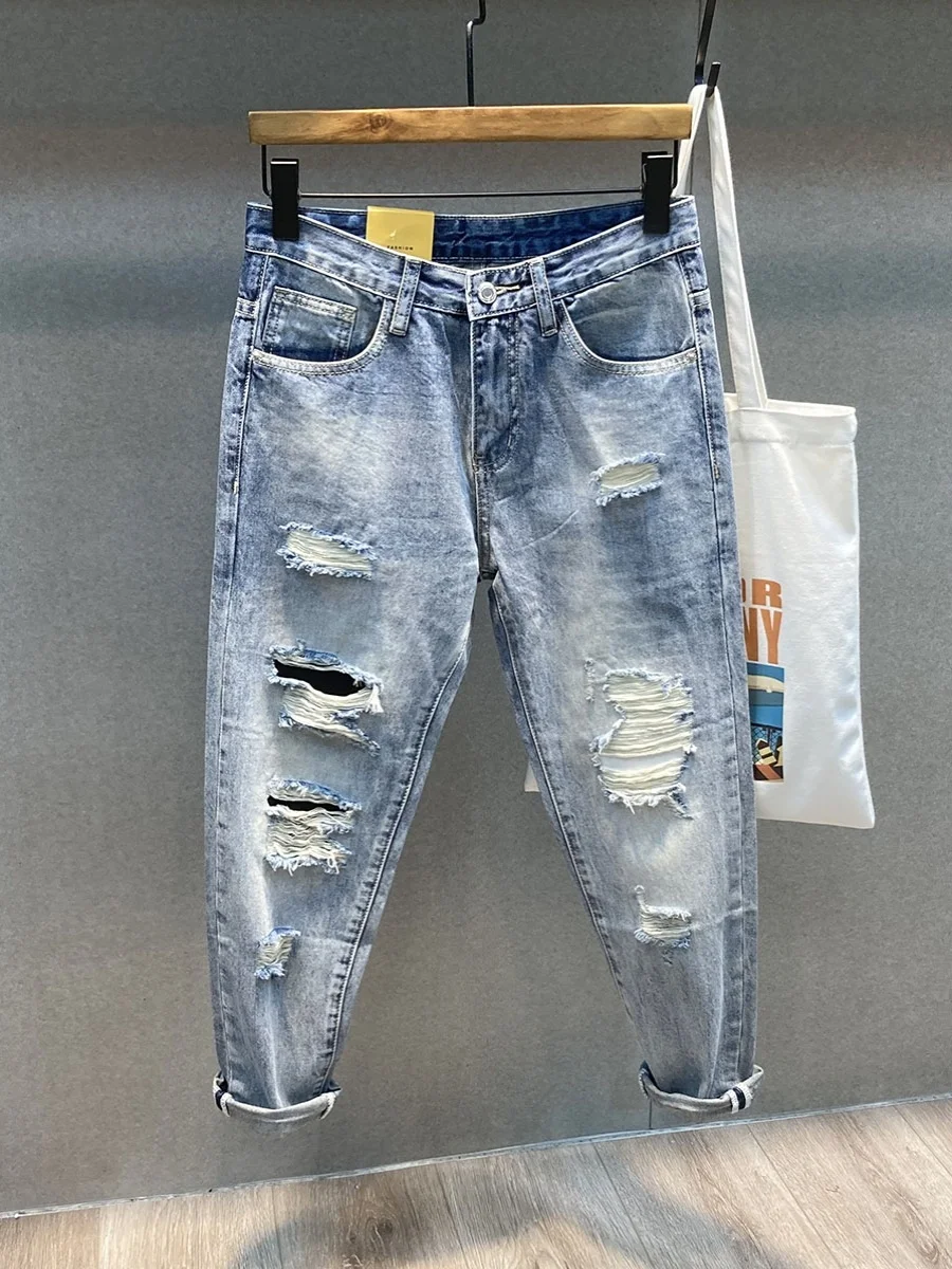 

New American Style Loose Casual Thin Denim Jeans Men Summer Straight Leg Harlan Pants Torn Hole Youth Fashion mid Waist Nine ...