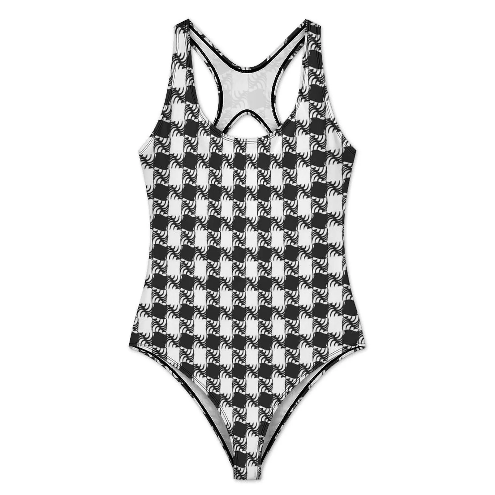 Abstract Houndstooth Swimsuit Black White Plaid Swimwear One Piece Fitness Swimsuits Hollow Out Bathing Suits Push Up Beach Wear