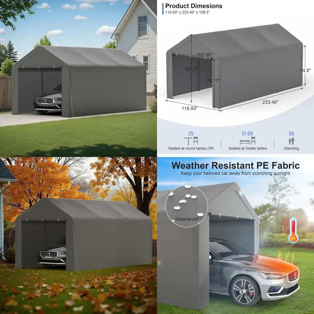 

Carport, сверхмощный портативный гаражный всесезонный автомобильный навес 10 x 20 футов со съемной боковой стенкой и дверью, палатка для вечеринок с навесом для автомобиля с W