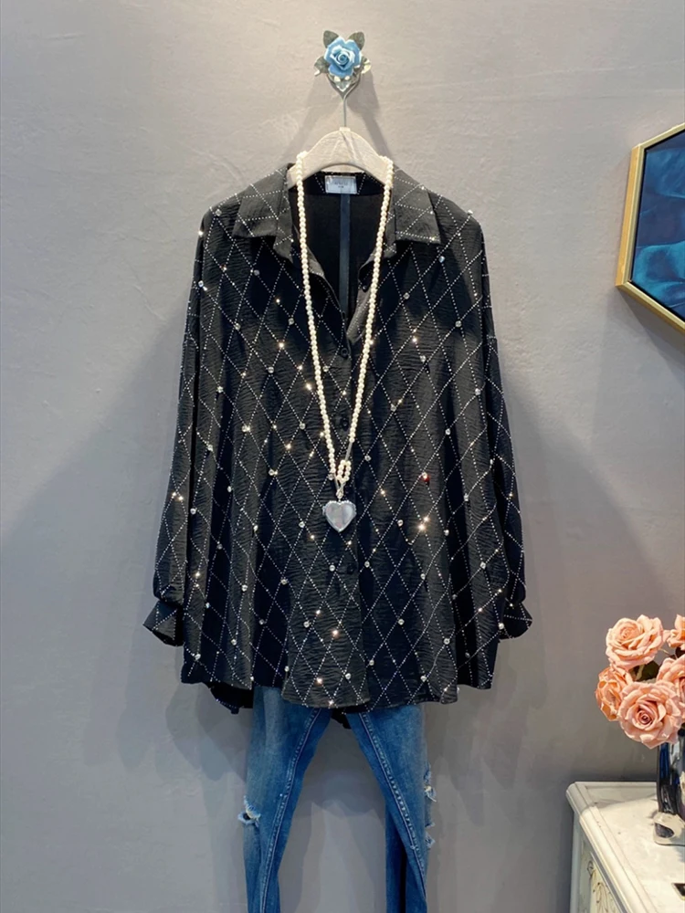 High-End New In Diamond Lattice Rhinestone Black Shirt Women Loose Oversized White Blouse Tops 2024 Autumn Blusas Femininas