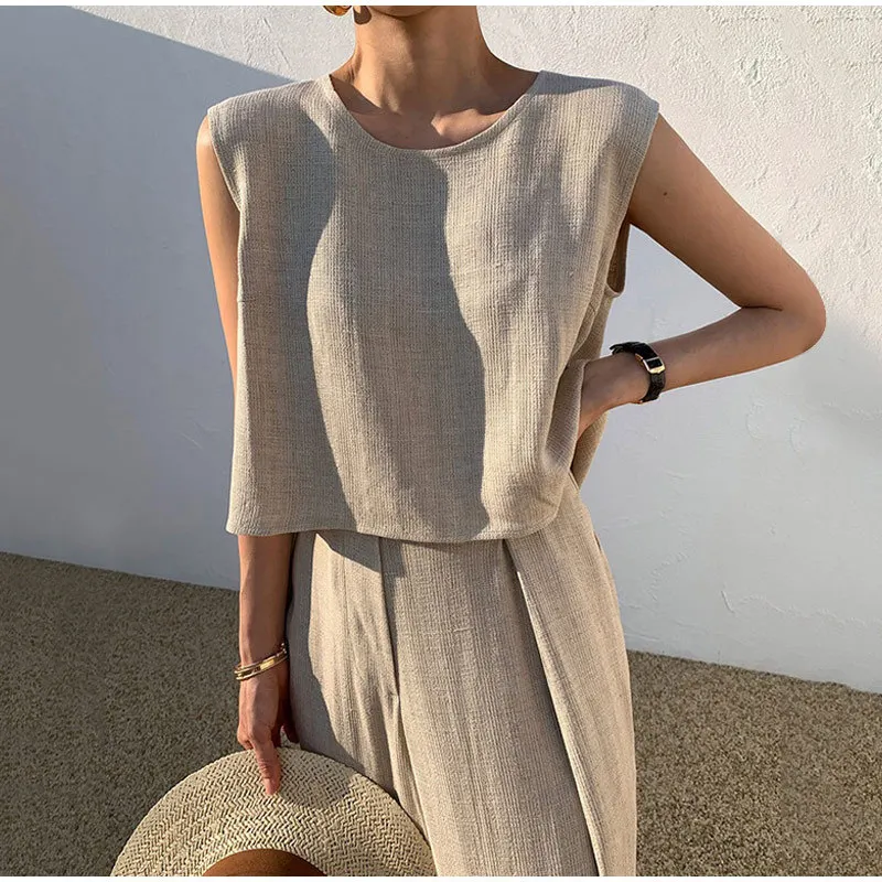 Women Cotton Linen Suits Summer Sleeveless O-Neck Tank Top Wide Leg Pants Two Piece Sets Female Fashion Casual Solid Loose Suits