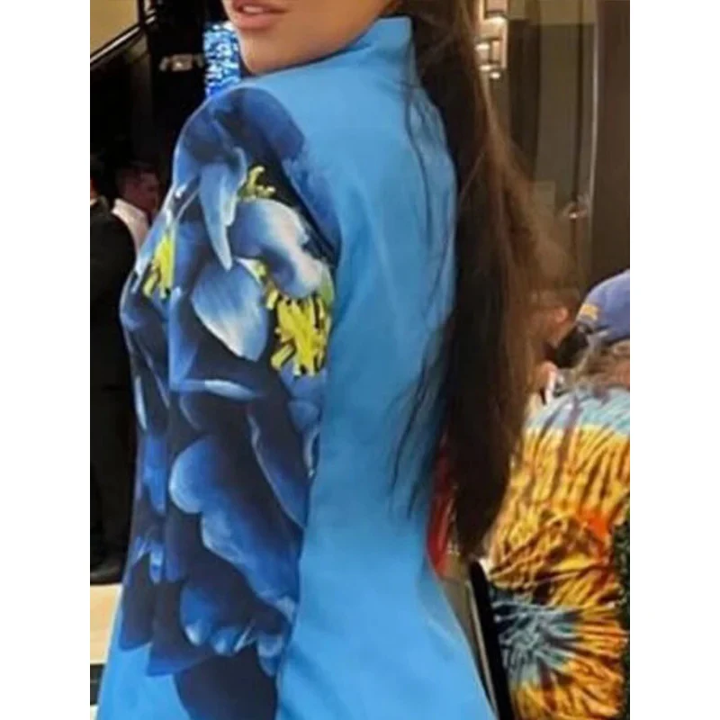 Jennifer Floral Printed Long Sleeves Blazer Jackets 2024 New Loose Asymmetric Blue Split-Joint Lapel Blazer Suits Outerwear