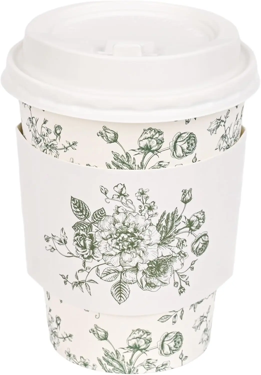 

50Pcs Sage Green Floral Disposable Coffee Cups with Lids and Sleeves Green White Chinoiserie Flower 12oz Hot Cold Paper