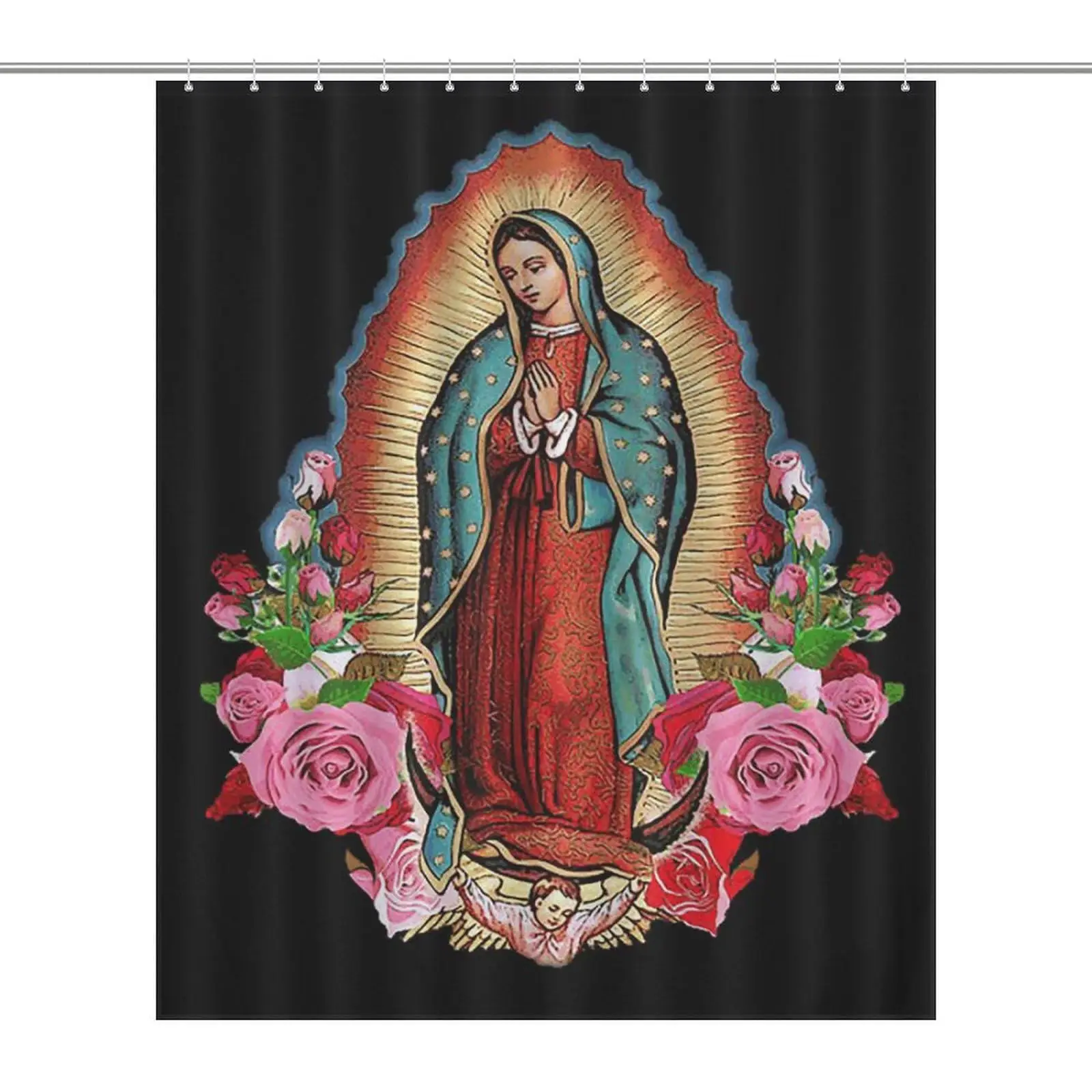 Our Lady of Guadalupe Virgin Mary Waterproof Polyester Fabric Shower Curtain Fabric Bathtub Bathroom Decorations with 12 Hooks