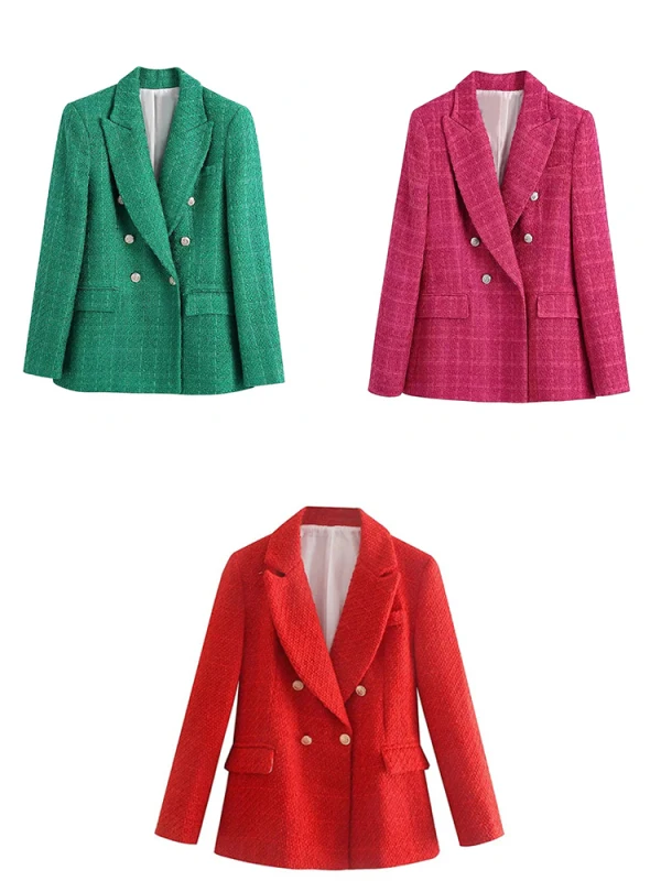 Dames Mode Double Breasted Tweed Blazer Decoratieve Knopen Vintage Lange Mouw Flap Zakken Dames Jas Funky Vesten