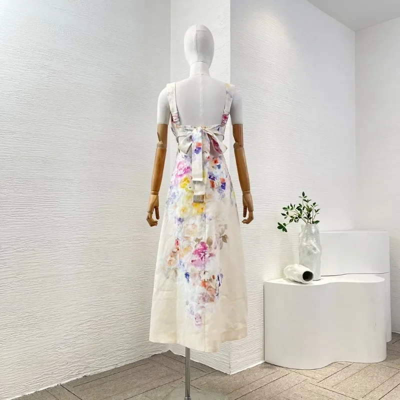 Multicolor Floral Print Sleeveless Backless Cut Out Waist Midi Dress 2025