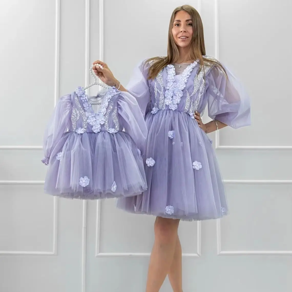 Lavender Lace Mother Daughter Wedding Dress Floral Tutu Fallmily Look Photoshoot Mom&Me Outfit Special Occasion Birthday Gown