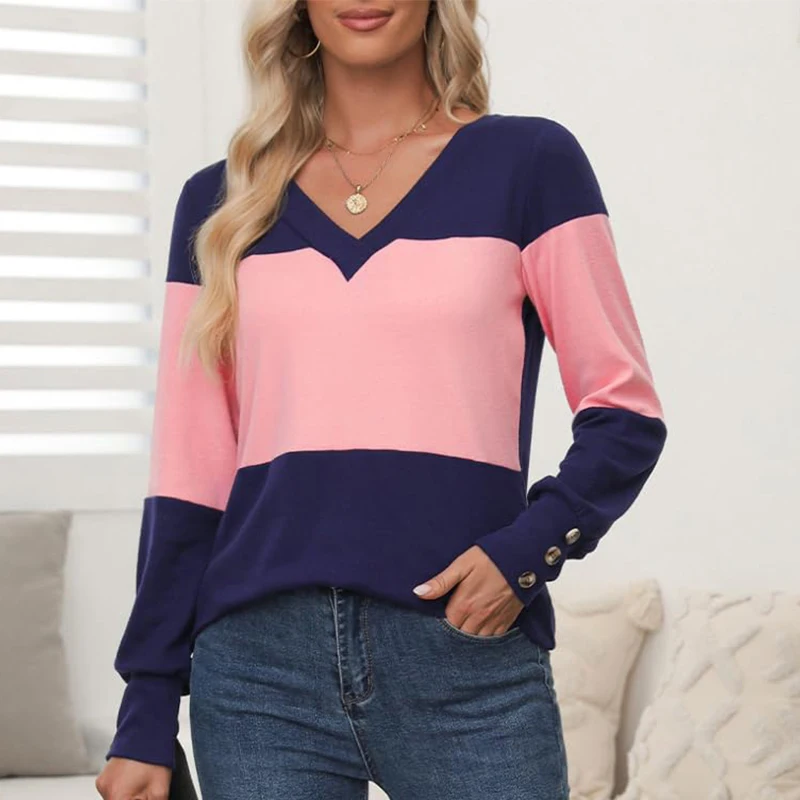 

Hot Sale Contrast Casual Pullover Tops Fall Winter Slimming V-Neck Buttons Long Sleeve T-Shirt Women’s Elegant Blouse Tops