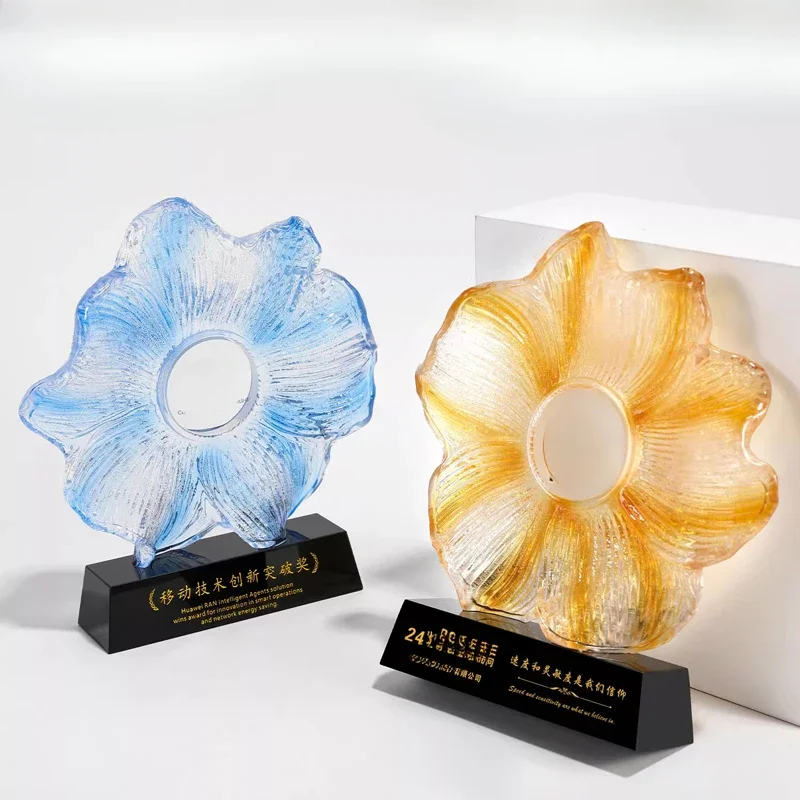 Customized Crystal Trophy, Enterprise Employee Annual Meeting Awards Coloured Glaze Colorful Flower Shape Medal Decorations, 1Pc