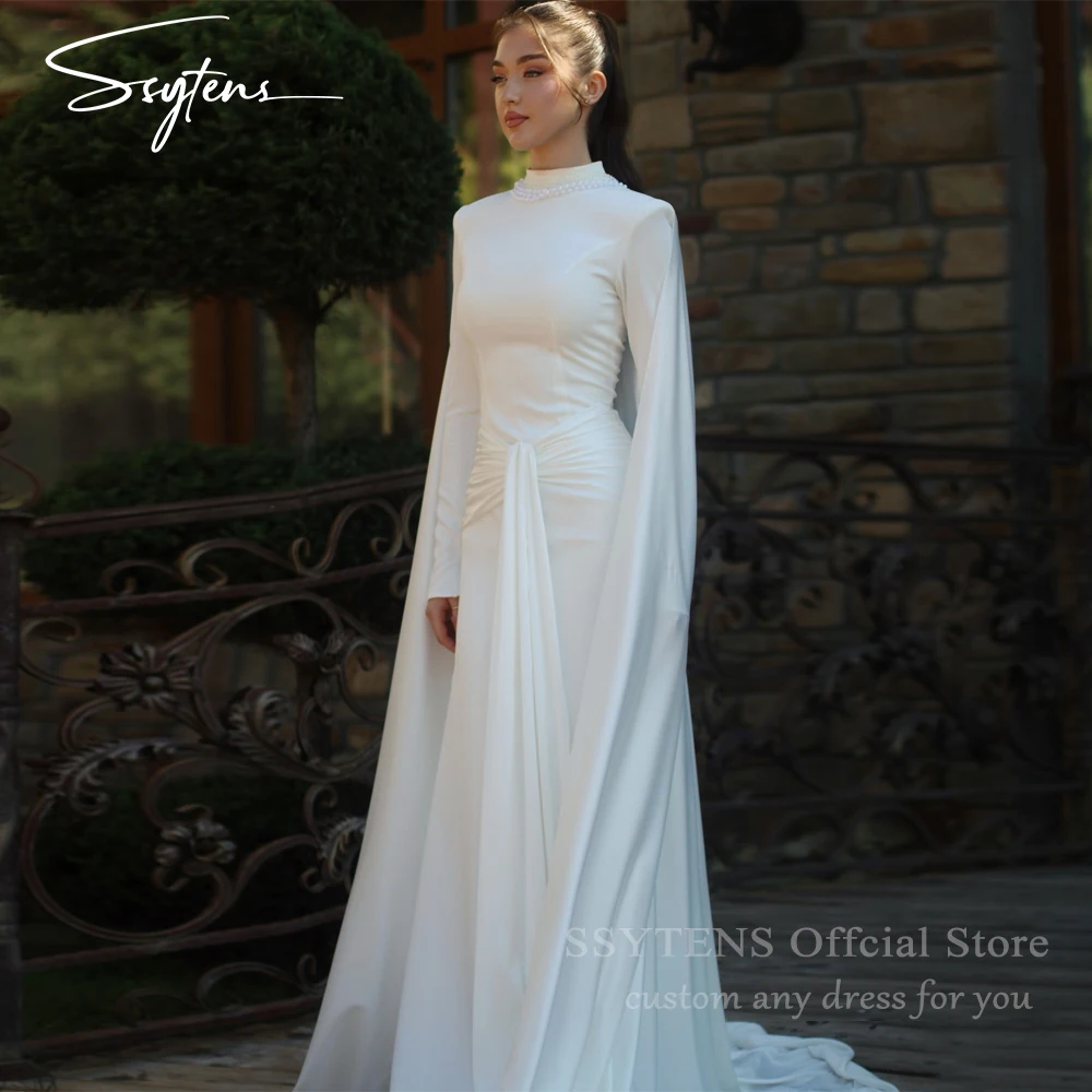 SSYTENS Muslim Long Sleeves Wedding Dresses High Neck Arabic Dubai Islamic Bridal Gowns With Shawl Chic Bespoke Long Bride Dress