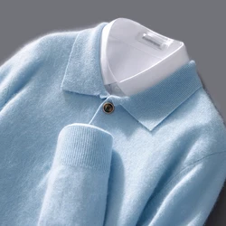Suéter de lana pura para hombre, Jersey holgado con cuello tipo POLO y botones, camisa de fondo de punto de Cachemira, otoño e invierno, 100