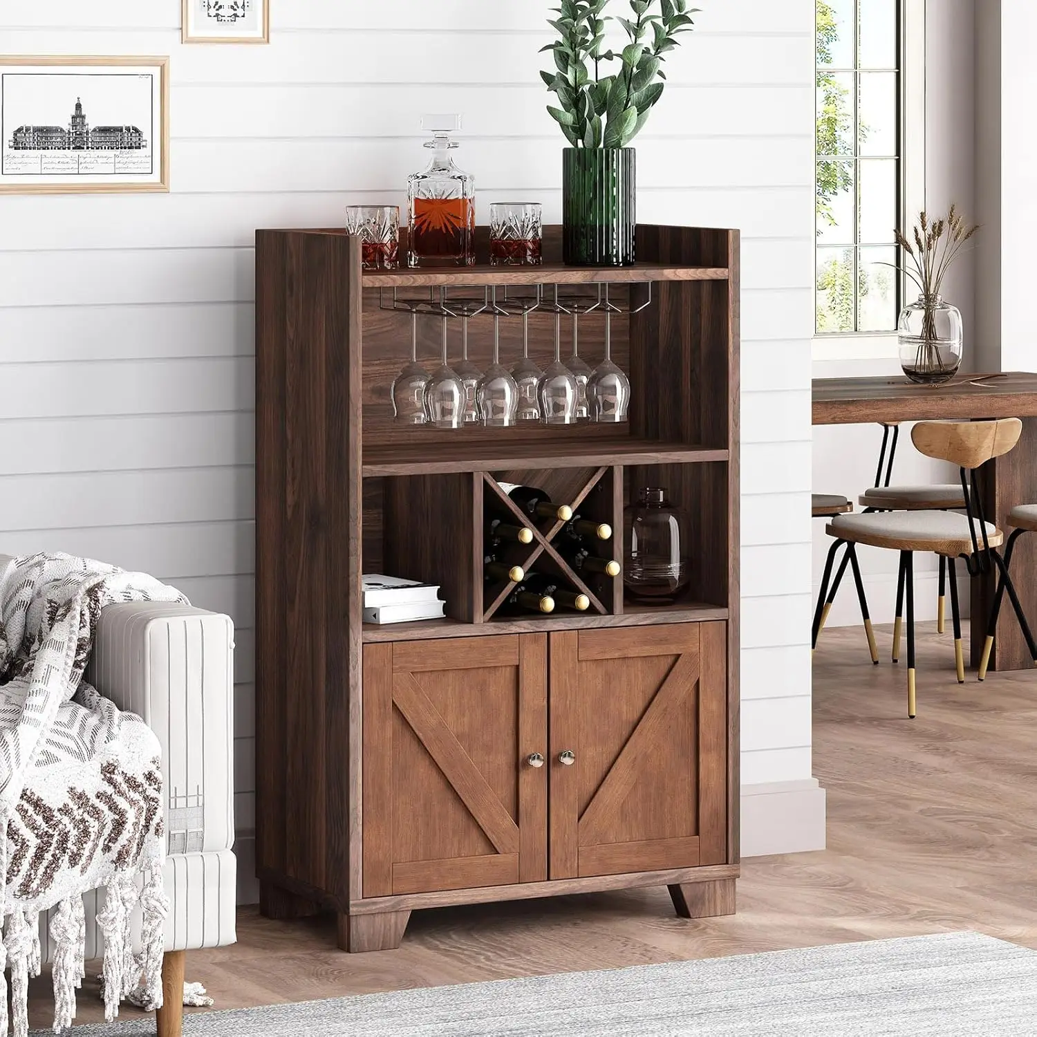 Wine Bar Cabinet,Coffee Bar Cabinet,Wood Wine Cabinet With X-Shaped Design, Storage For 4 Bottles & Glasses, Perfect For Living