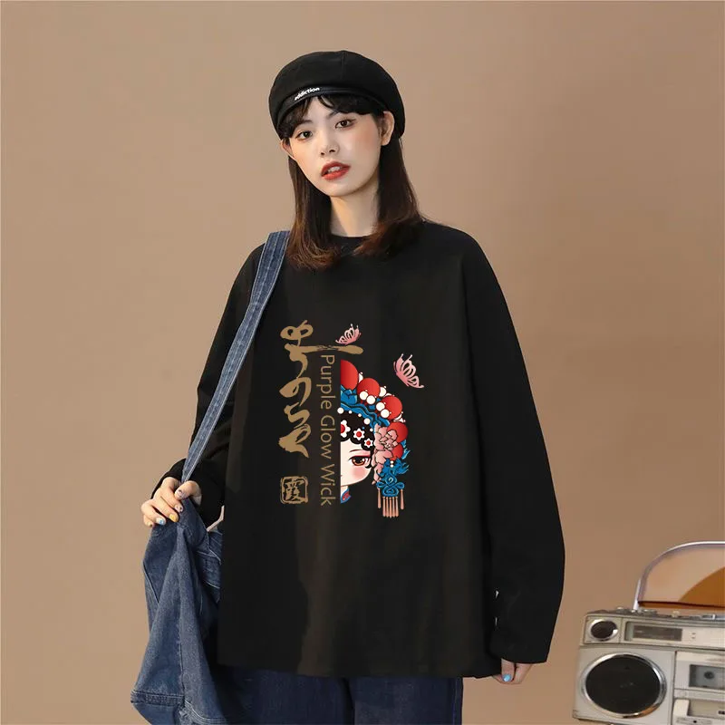

China Peking Opera Print Women T Shirt Oversize Plus Size Autumn Winter T-shirt Casual Long Sleeve Top Female Cartoon Clothing