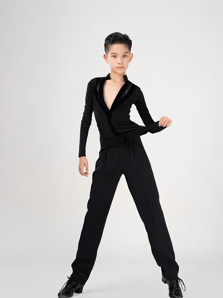 2024 New Boys Latin Dance Costume V-Neck Long Sleeve Shirt Pants Ballroom Dance Competition Clothes Tango Dance Outfit VDB8223